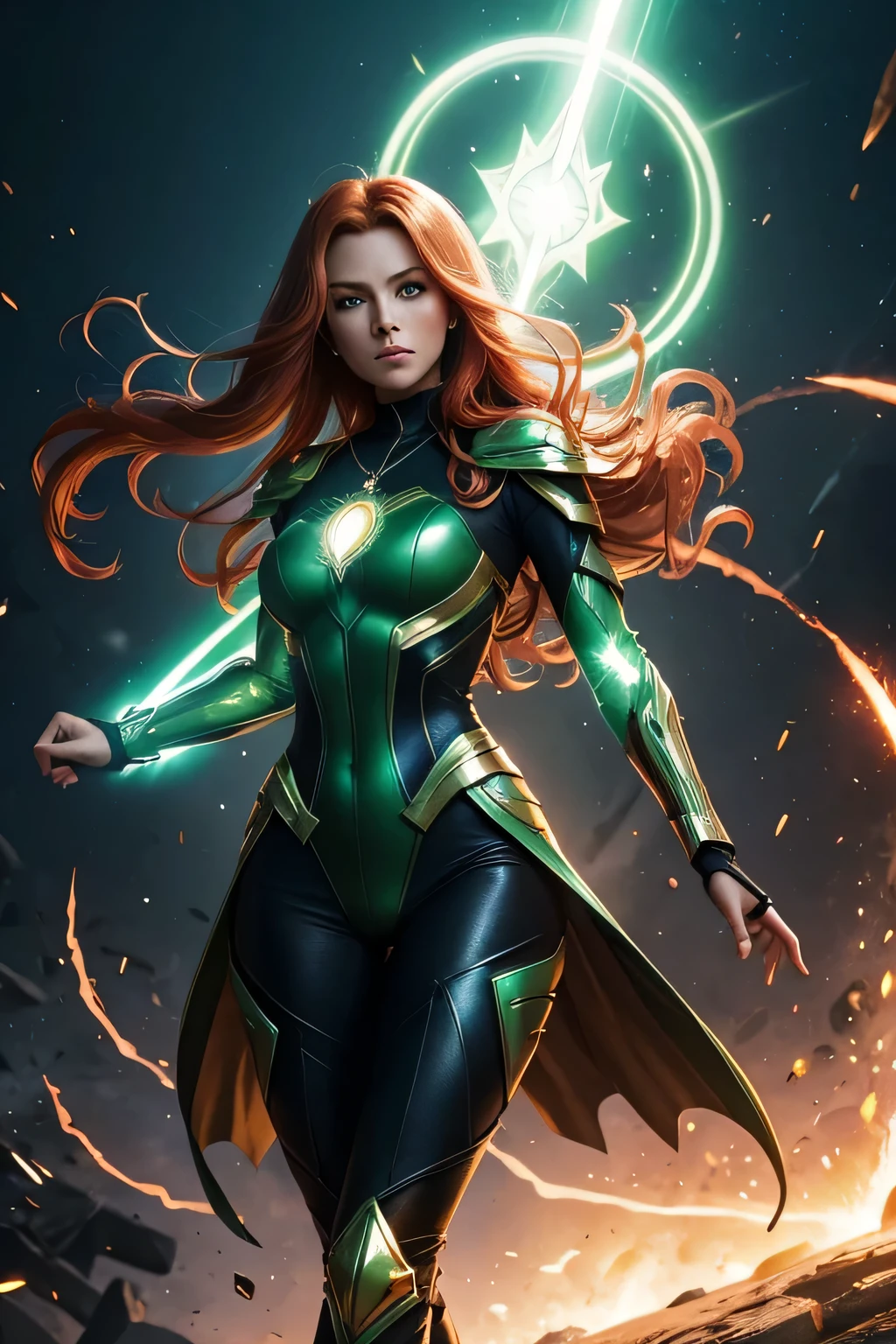 Legacy Lady, a superheroine, creating a glowing energy shield from her pendant to block incoming attacks. She stands firm, her eyes focused, as the shield deflects enemy projectiles. She has very long shining redhead and outward curl hair, She wears a long-sleeve leotard, high-cut pants, and thigh-high boot tights. Her costume is all shining green. Adorned with an emerald pendant, full body shot, Legacy Lady, a superheroine, creating a glowing energy shield from her pendant to block incoming attacks. She stands firm, her eyes focused, as the shield deflects enemy projectiles