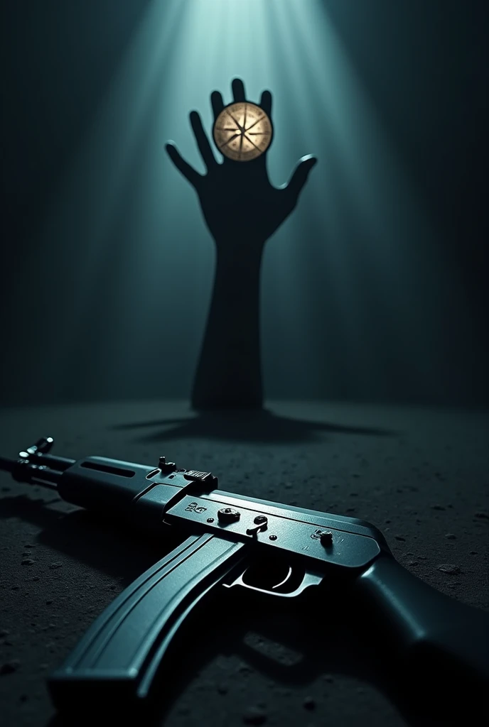 Wallpaper for iphone 14 pro max to include shadow, hand, compass and darkness and ak 47 8k resolution