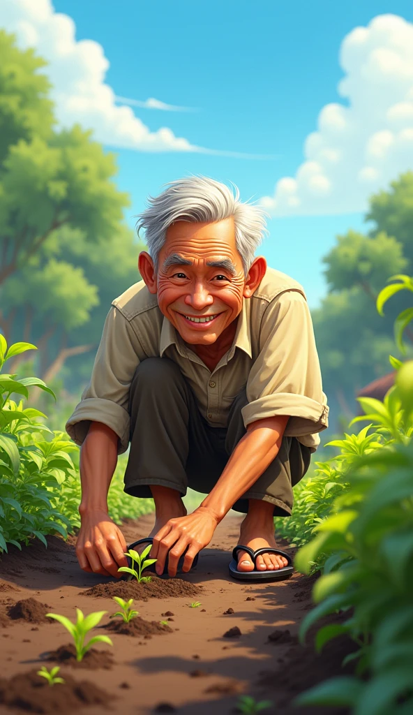 Uncle Tu is an elderly man, Lean with gray hair and tanned skin. He usually wears simple clothes like old shirts, Long pants and flip-flops. He has a gentle face, He often smiles and shows optimism through his actions. He is planting vegetable seeds in the backyard garden.
Note: 2D image 