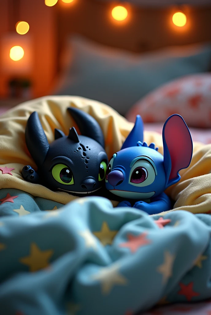 Night Fury Toothless under the bedsheets.
Stitch 626 kissing the bedsheets