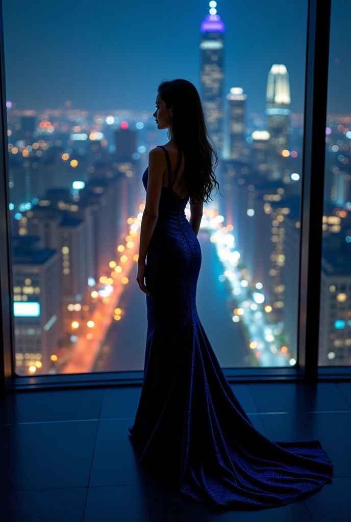 A girl in a long, form-fitting dress in the shadows of the light, view from behind, highest quality of detail, against the backdrop of a night city behind a large window