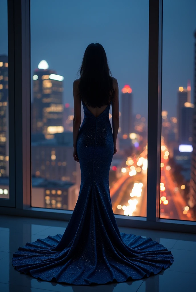 A girl in a long, form-fitting dress in the shadows of the light, view from behind, highest quality of detail, against the backdrop of a night city behind a large window