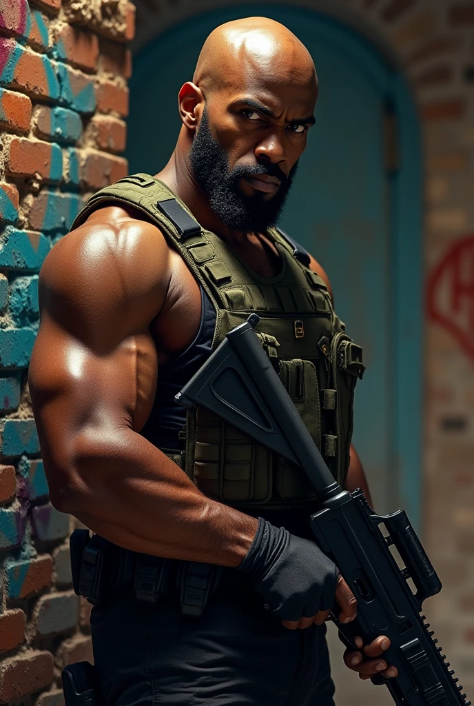 a Black man, angolan, Cao Cao, bonitas, bald man with beard, BOPE commander, holding a weapon in his hand.