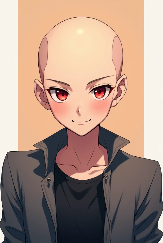 A man with red eyes and no hair on his head A detailed anime-style portrait of a young man standing with no hair on his head and a clear face looking straight ahead with a normal smile The plane in the background is one color