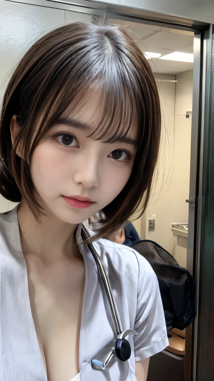 masterpiece, best quality, Super detailed, fine details, High resolution, 8K,wall paper, perfect dynamic composition,(Details High quality, realistic depiction of eyes:1.3), black hair color, Big Natural Color Lip,20 year old girl、cute type、****ta、(korean Nurse:1.4)、(hospitals:1.2)、nighttime scene、Hospital Room、a bed、is standing, (white nurse uniform:1.3)