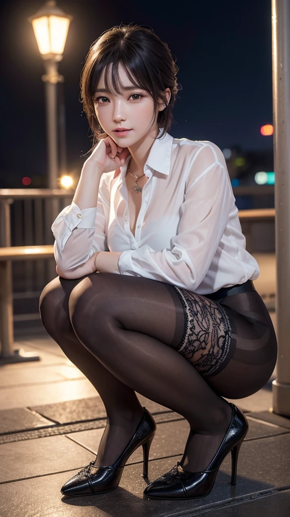 8K RAW Photos、High resolution、Daughter of、Layered Hair、Formal Shirt、Formal Skirt、smile、Long eyelashes、Beautiful double eyelids、eye shadow、Beautiful slim legs、(super Realistic pantyhose:1.3)、short hair、In front of the station at night、Stairs at night、Squat、Please sit down、Luxury High Heels、(Intricate details:1.4),(Realistic:1.4),Octane Rendering, 複雑な 3D レンダリングのVery detailed, Soft studio light, Rim Light, Sharp details, Very detailed, Realistic skin texture, Surface Details, Beautiful eyes in every detail, Highly detailed CG Unity 8K wallpapers, Compensate, (Detailed Background:1.2),