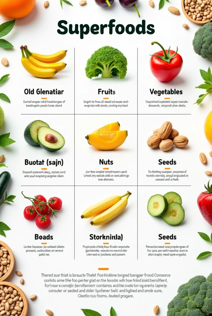A clean and modern infographic poster layout for superfoods. The layout should be in a vertical format with three main sections: a bold title at the top, a 3x3 grid in the middle showcasing different categories of superfoods (fruits, vegetables, nuts, etc.), and a concluding section at the bottom with a summary. Each grid cell should contain a high-resolution image of a superfood, its name, and 1-2 key benefits in a simple, readable font. The background should be neutral (white or light gray) with bright, natural accent colors like green, orange, yellow, and red. Use a sans-serif font for readability, with bold fonts for titles. Ensure the images are visually appealing and clearly depict fresh and healthy foods.