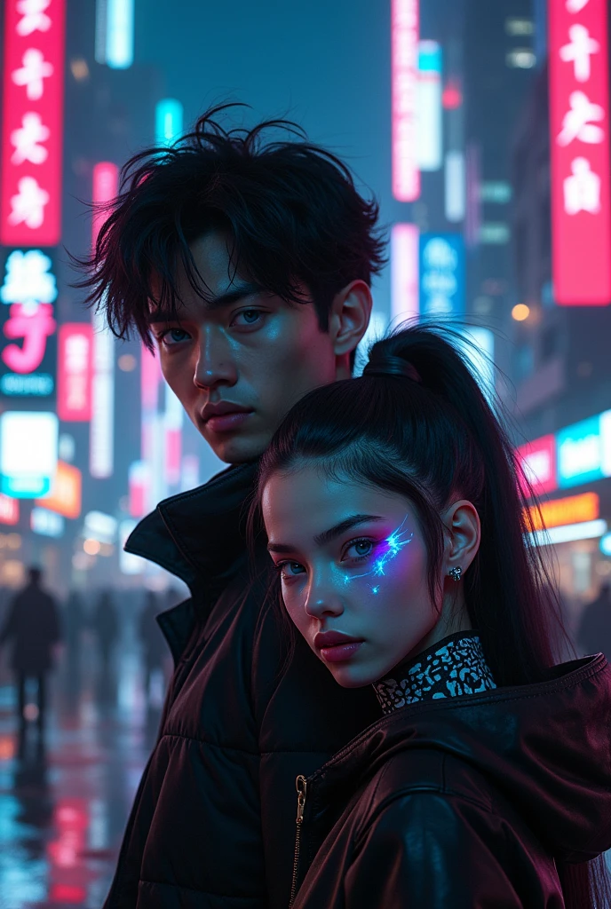 black hair blue eyes guy with an (AI girl) cyberpunk style 
