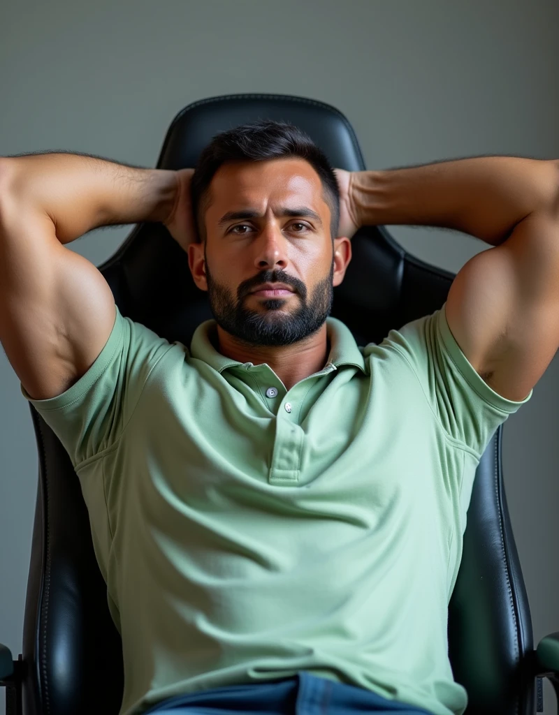 A confident man with short, black hair and a trimmed beard faces the camera directly while sitting in a high-quality gaming chair. His muscular, bodybuilder-like physique is still evident as he relaxes with his arms resting behind his head, showing off his well-defined biceps and forearms. He wears a tight-fitting light green polo shirt that highlights his strong upper body, though his skin is free of any tattoos. His expression is calm and serious, with a composed and relaxed demeanor. The image is highly detailed and polished, sitting comfortably in his gaming chair, The background is plain, keeping the focus entirely on the subject.