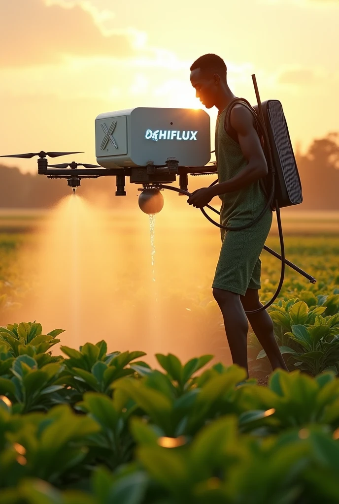 Electric spray pump as a drone, spraying water, with spray handle, powered by the rhiflux electro cube with solar panels, on the back of a black African famer, with the name Rhiflux on the pump,with smart technology