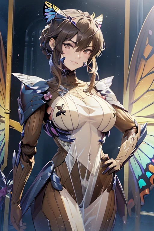 (high resolution,masterpiece,best quality,extremely detailed CG, anime, official art:1.4), realistic, photo, amazing fine details, all intricate, gloss and shiny,awesome many layers, 8k wall paper, 3d, sketch, kawaii, illustration,( solo:1.4), perfect female proportion,villainess, (fusion of dark brown butterfly and lady:1.4), (brown butterfly form lady:1.2), (brown butterfly lady:1.2), (fusion:1.2), (solo:1.4), (evil smile:1.2), muscular, abs, (butterfly brown exoskeleton bio insect suit:1.4), (butterfly brown exoskeleton bio insect armor:1.2), (brown transparency butterfly wing:1.4), (brown butterfly antennae:1.3),