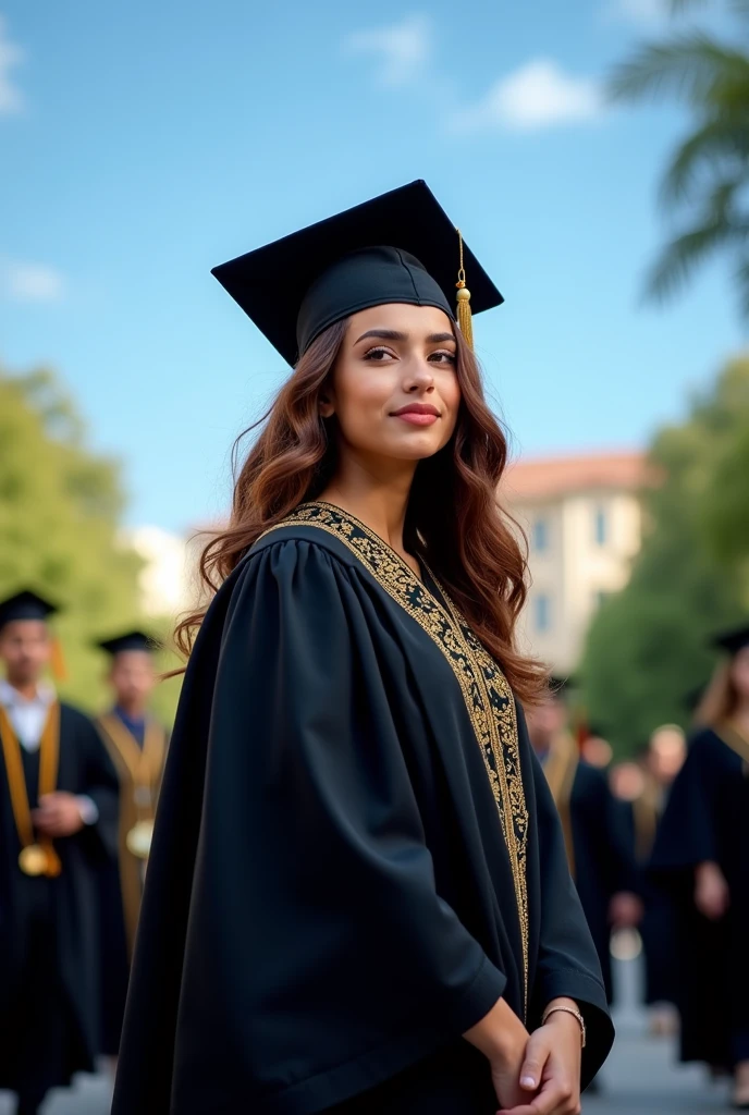 a young adult Brazilian woman majoring in journalism, with a black gown and hat with gold details, cabelos castanhos ondulados

