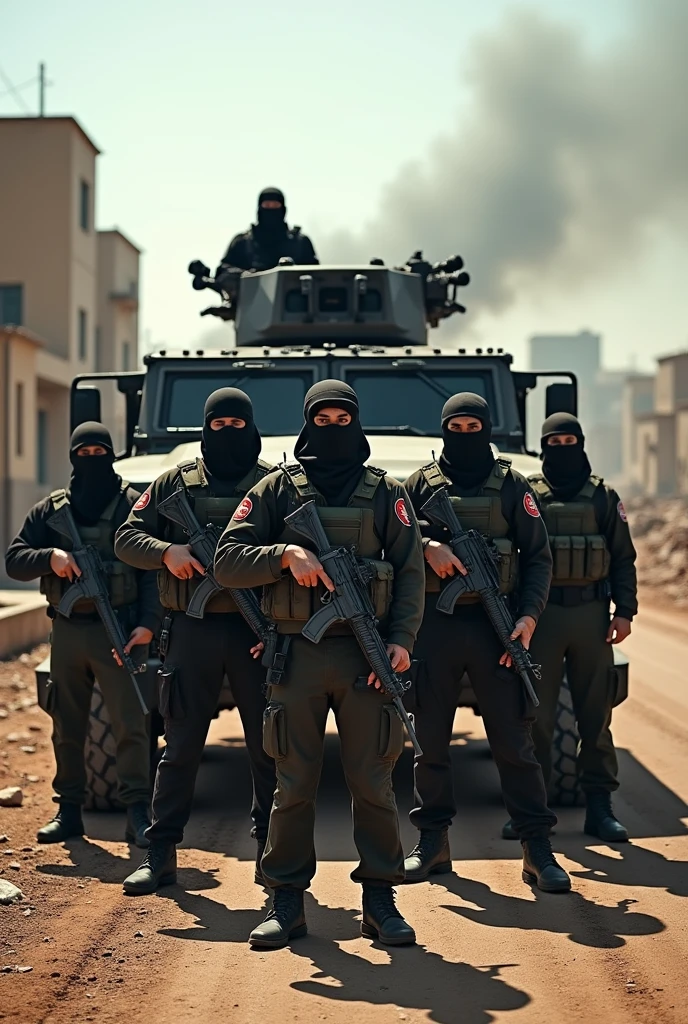 Generate a group of terrorists posing with their weapons and an armored car