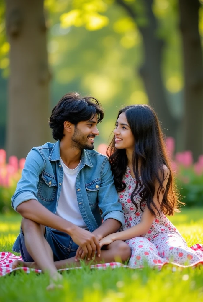 An  Indian slim young boy wearing a shirt is sitting with an 18 year old Indian beautiful young girl