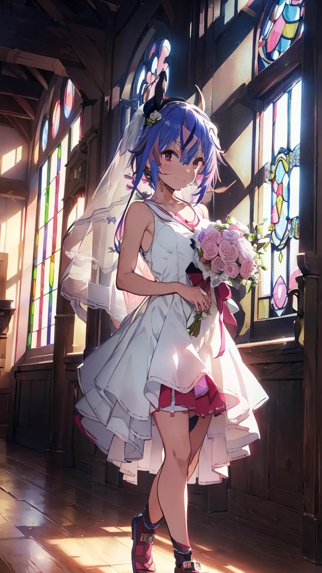 masterpiece, Highest quality, High resolution, Very detailed,(((Mikoto Naruka))), (((smile)))、(((Standing in the distance))), (((Wearing a wedding dress。))), (((church))), (((Stained glass))), (((Holding a bouquet。))), (((Multicolored Hair))), (((horn))), (((Pink Eyes)))