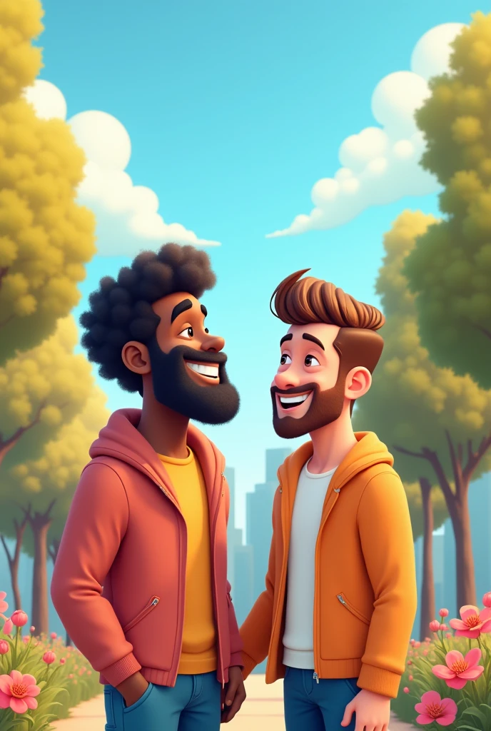 Por favor, create an image of a gay couple, where one is a dark skinned man with a thick beard and the other is a thin white man with a thin beard and both have curly hair., animated version