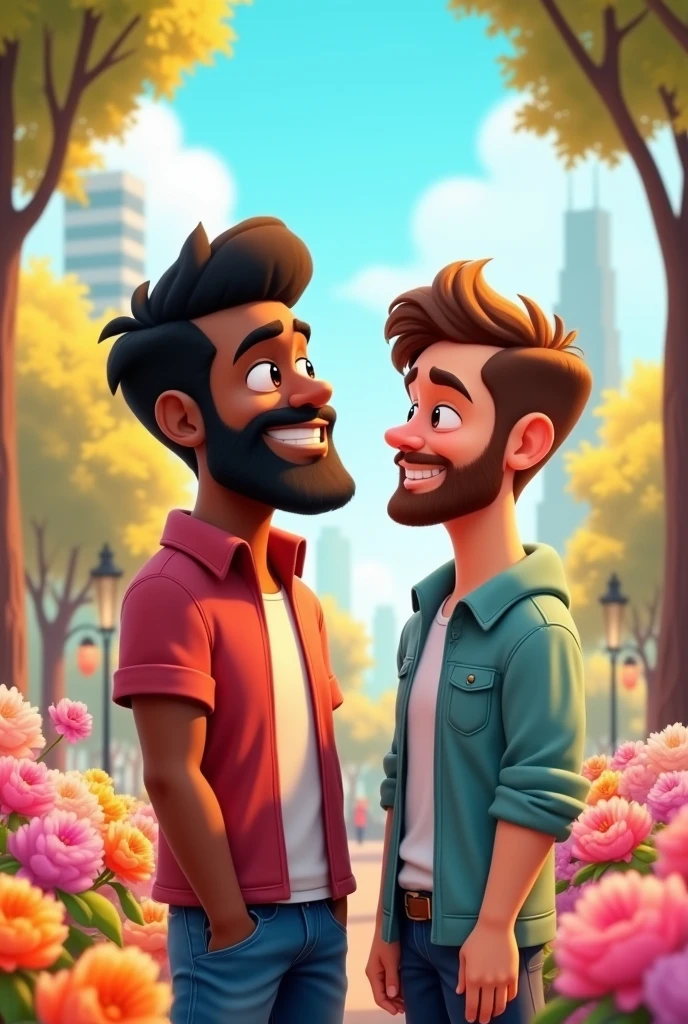 Por favor, create an image of a gay couple, where one is a dark skinned man with a thick beard and the other is a thin white man with a thin beard and both have curly hair., animated version