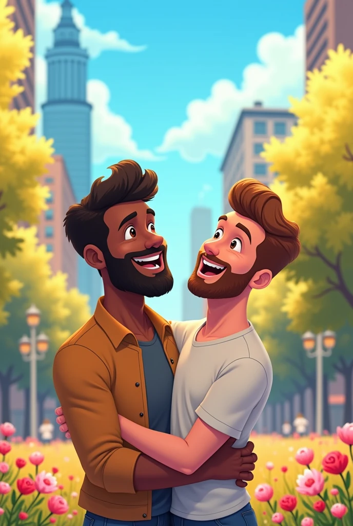 Por favor, create an image of a gay couple, where one is a dark skinned man with a thick beard and the other is a thin white man with a thin beard and both have curly hair., animated version 