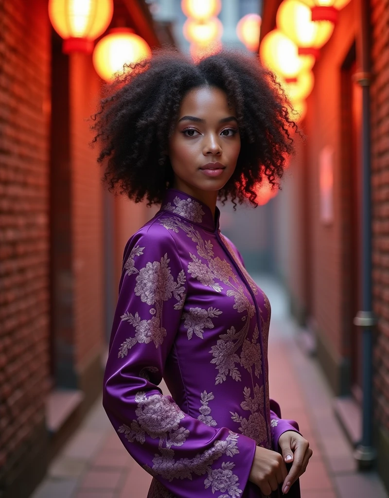 [Vision:1.0]，[Wide Angle:1.0]，National trendy fashion，Nice beautiful girl，Classic Chinese Mythological Girl，Purple cheongsam，silk，Peony and Phoenix pattern，Perm，Shanghai alley，Brick Wall，lantern，(Full body shot:1.9)，panoramic，Vision，HD，Exquisite，Light Wave，Tradition，Exquisite，Perfect composition，超HD，(Look directly at the audience:15)，Surrealism，uhd，masterpiece，precise，Anatomically correct，Textured Skin，Super Detail，8k