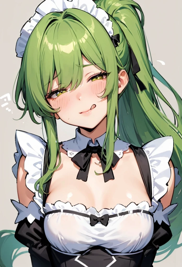 (solo:2, 15 yo), (wink face) (detailed ponytail) (beautiful green hair long hair) (best cute girl), (cute yellow eye and cute closed eye), (glossy lip), (licking lips), (medium tits), (in a detailed maid uniform), break, background white, BREAK, perfect anatomy, masterpiece, best quality, beautiful detailed 8-bit pixel, daydreaming expression.