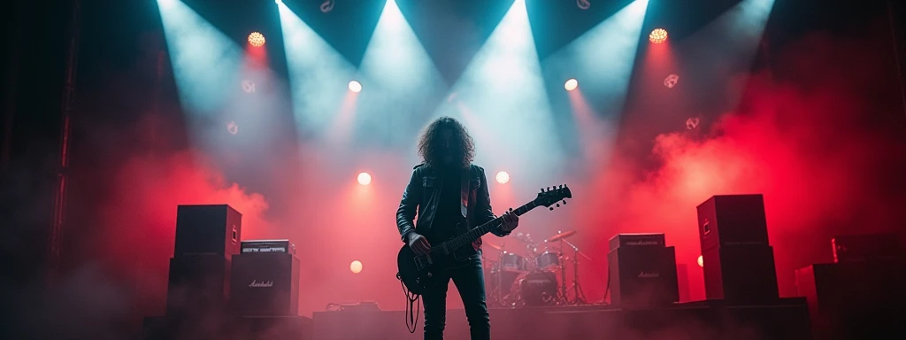 A dark, moody stage set against a backdrop of towering, illuminated speakers and amplifiers, with intense beams of white and red spotlights cutting through the smoke-filled air. In the foreground, a lone guitarist, dressed in a leather jacket, stands in the center of the stage, playing an electric guitar with raw emotion, while sound waves ripple outward from the strings. The surrounding space is filled with abstract, high-contrast visuals of sound frequencies and musical notes, creating a powerful, immersive atmosphere that embodies the passion and intensity of live music.