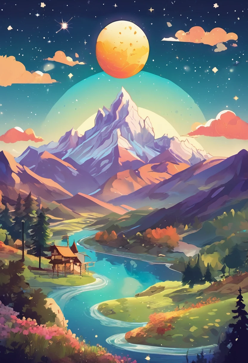A detailed illustration of an adorable mountain view with river sight, moon, stars, style cartoon, colors, two-dimensional, planar vector, character design, iPhone cover design, stickers, colorful splashes, Studio Ghibli style, soft tetrad color, vector art, fantasy art, watercolor effect, Alphonse Mucha, Adobe Illustrator, digital painting, low polygon, soft lighting, aerial view, isometric style, retro aesthetics, focusing on people, 8K resolution, octane render