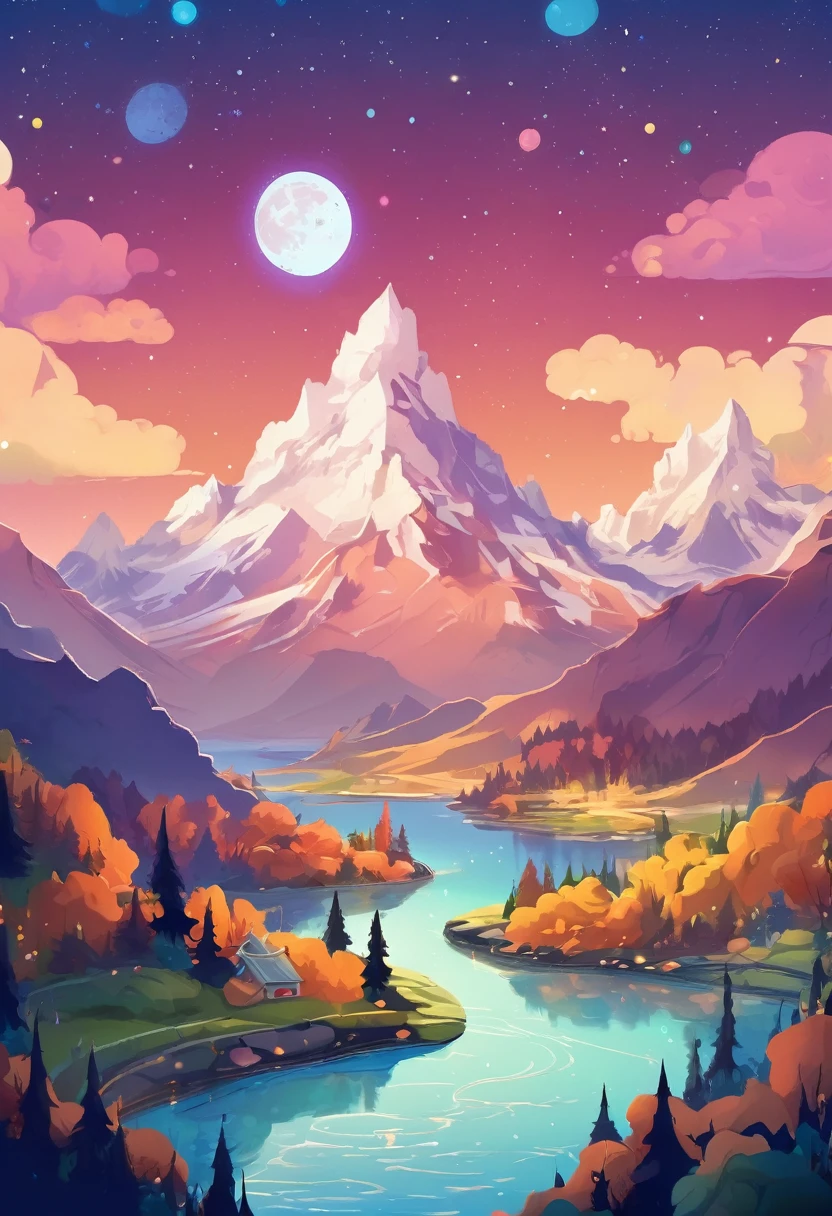 A detailed illustration of an adorable mountain view with river sight, moon, stars, style cartoon, colors, two-dimensional, planar vector, character design, iPhone cover design, stickers, colorful splashes, Studio Ghibli style, soft tetrad color, vector art, fantasy art, watercolor effect, Alphonse Mucha, Adobe Illustrator, digital painting, low polygon, soft lighting, aerial view, isometric style, retro aesthetics, focusing on people, 8K resolution, octane render