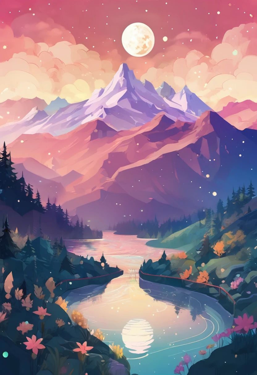 A detailed illustration of an adorable mountain view with river sight, moon, stars, style cartoon, colors, two-dimensional, planar vector, character design, iPhone cover design, stickers, colorful splashes, Studio Ghibli style, soft tetrad color, vector art, fantasy art, watercolor effect, Alphonse Mucha, Adobe Illustrator, digital painting, low polygon, soft lighting, aerial view, isometric style, retro aesthetics, focusing on people, 8K resolution, octane render