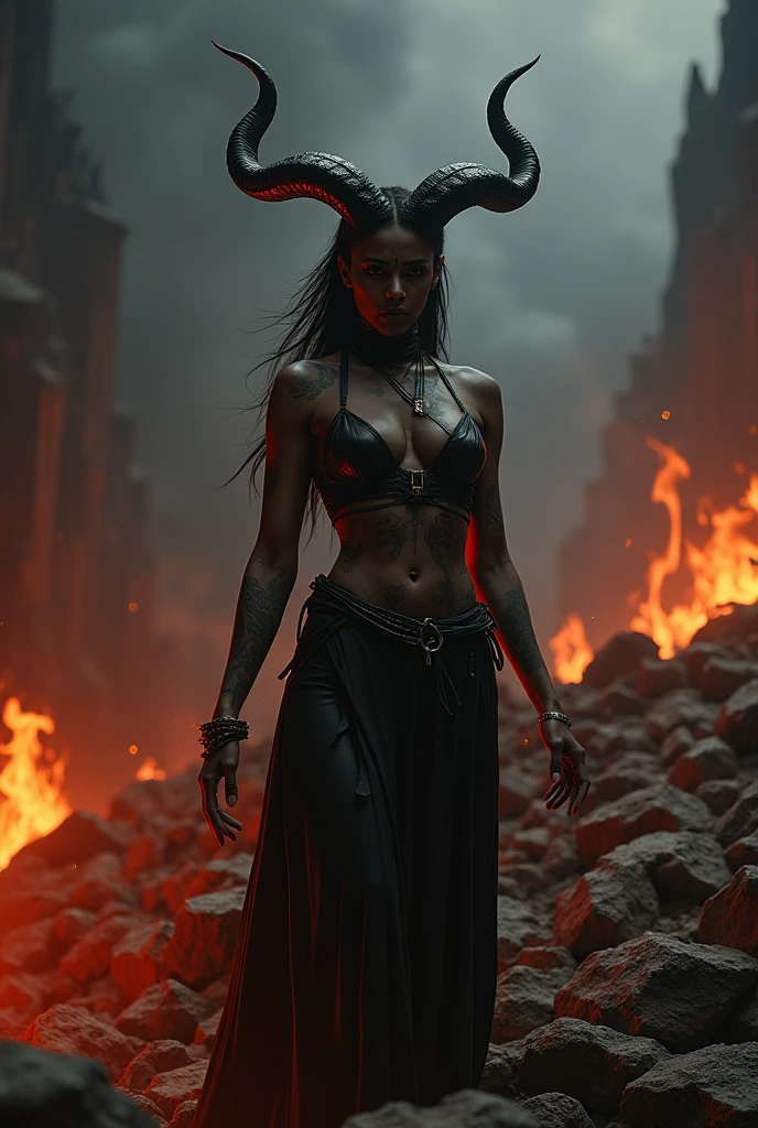 A sexy woman with a devil's head
 in hell with fire red
 with horns
Beautiful face with an evil laugh
 The full length, including the legs, should be clear
 A black dress and naked
Whit a bloody body