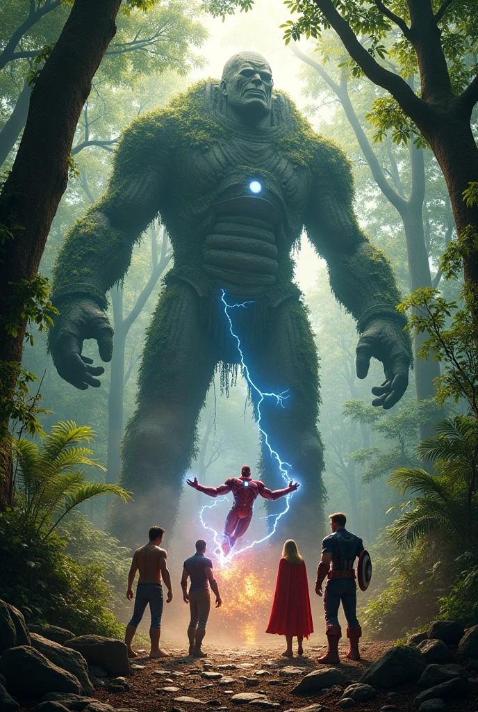The Avengers heroes in the middle of a battle against the massive ancient guardian. The environment is a mystical clearing in the Amazon jungle, with the ruins of a temple in the background.