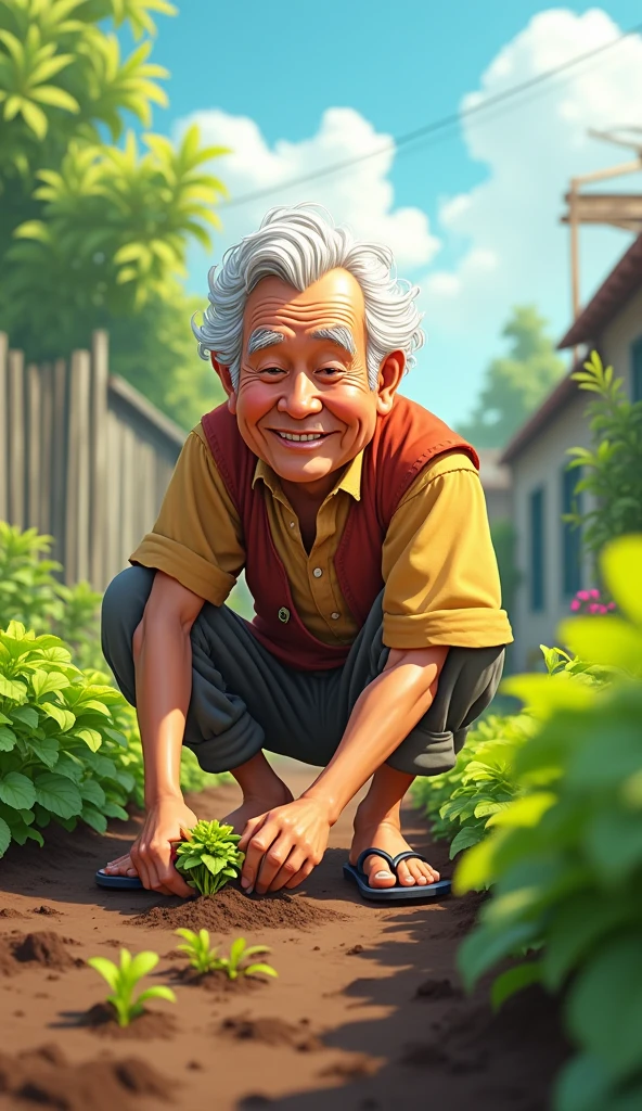 Uncle Tu is an elderly man, Lean with gray hair and tanned skin. He usually wears simple clothes like old shirts, Long pants and flip-flops. He has a gentle face, He often smiles and shows optimism through his actions. He is planting vegetable seeds in the backyard garden.
Note: 2D image