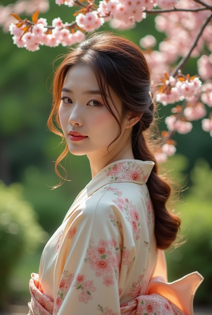 An elegantly dressed Japanese woman in natural light、A close-up of her chest and calm expression.、It shows her inner peace and outer charm.。