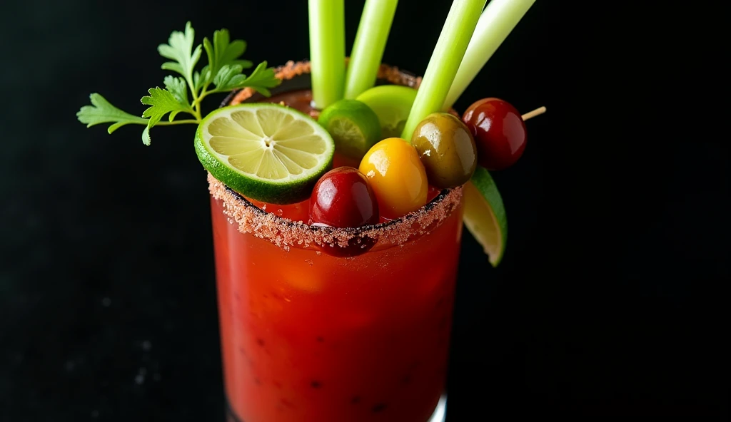 full shot photography upper angle shot with a strong accent to cocktail bloody marry on the black background tropical aesthetics food book photography 35 mm movie frame epic scene cinematic 3d, strong 8k uhd quality