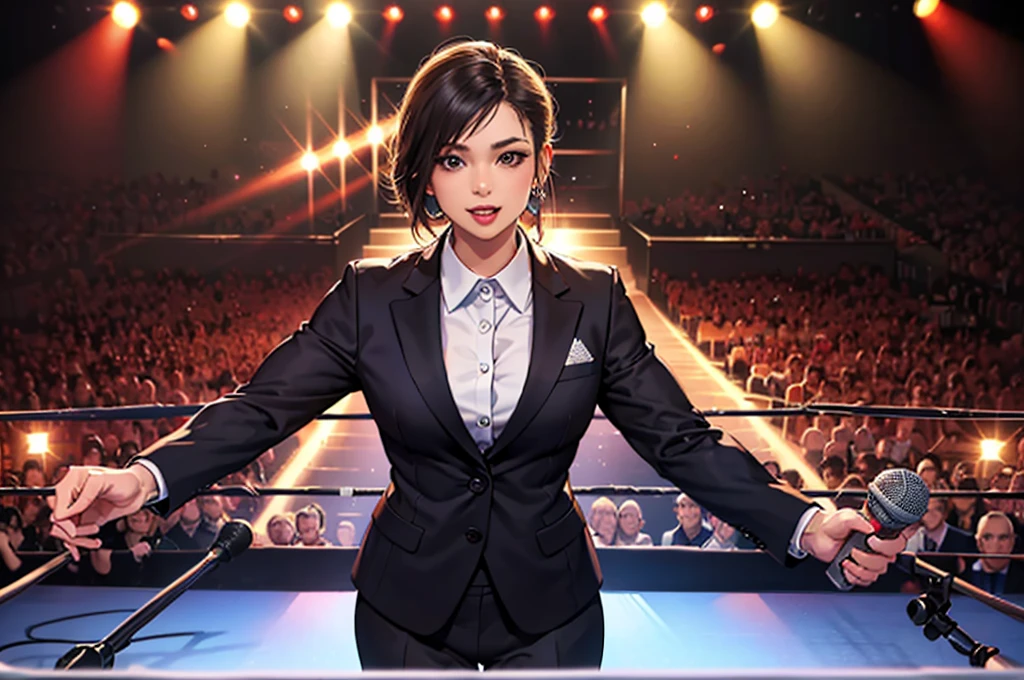 On the boxing ring, (Many viewers:1.3) , (A female presenter wearing a suit, holding a microphone on stage.:1.3) ,