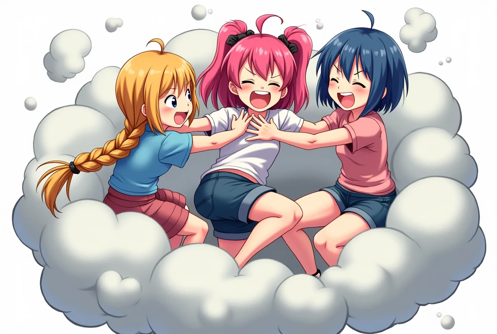 An anime-style illustration depicting three girls playfully wrestling with each other inside a light gray comical fight cloud.
each girl has different colored hair: one with blonde braided,another with pink ponytaile,and one with blue bobcuts.
their faces,hands,and feet are visible emerging from the cloud as they tussle humorously, with the rest of their bodies completely hidden inside the cloud.
the illustration emphasizes the humorous and energetic nature of their scuffle,with a fluffy andexaggerated fight cloud.