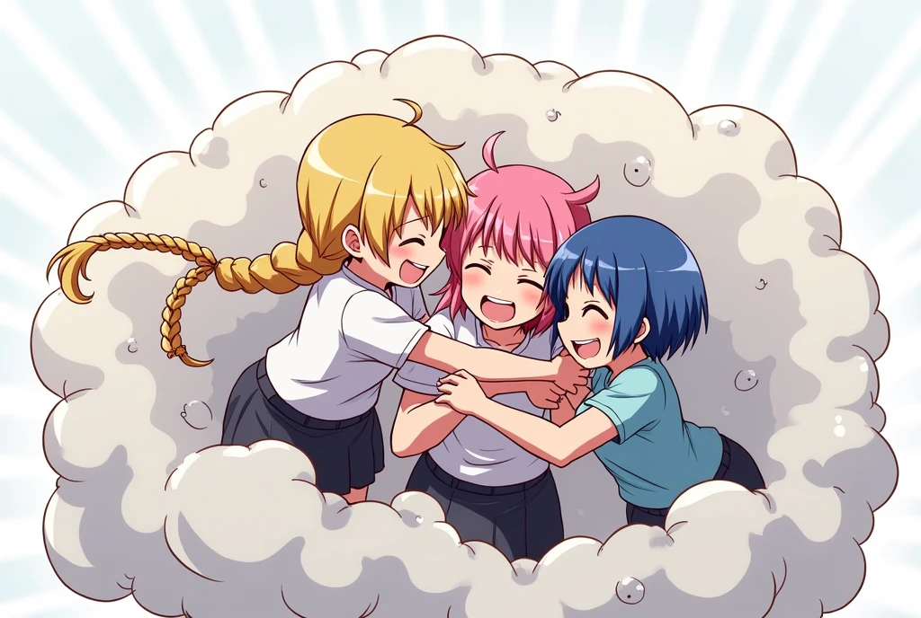 An anime-style illustration depicting three girls playfully wrestling with each other inside a light gray comical fight cloud.
each girl has different colored hair: one with blonde braided,another with pink ponytaile,and one with blue bobcuts.
their faces,hands,and feet are visible emerging from the cloud as they tussle humorously, with the rest of their bodies completely hidden inside the cloud.
the illustration emphasizes the humorous and energetic nature of their scuffle,with a fluffy andexaggerated fight cloud.