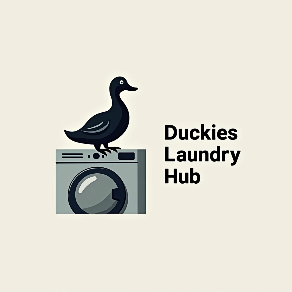 simple logo with black duck sitting at the washing machine, put caption at the right of the picture with "Duckies Laundry Hub"