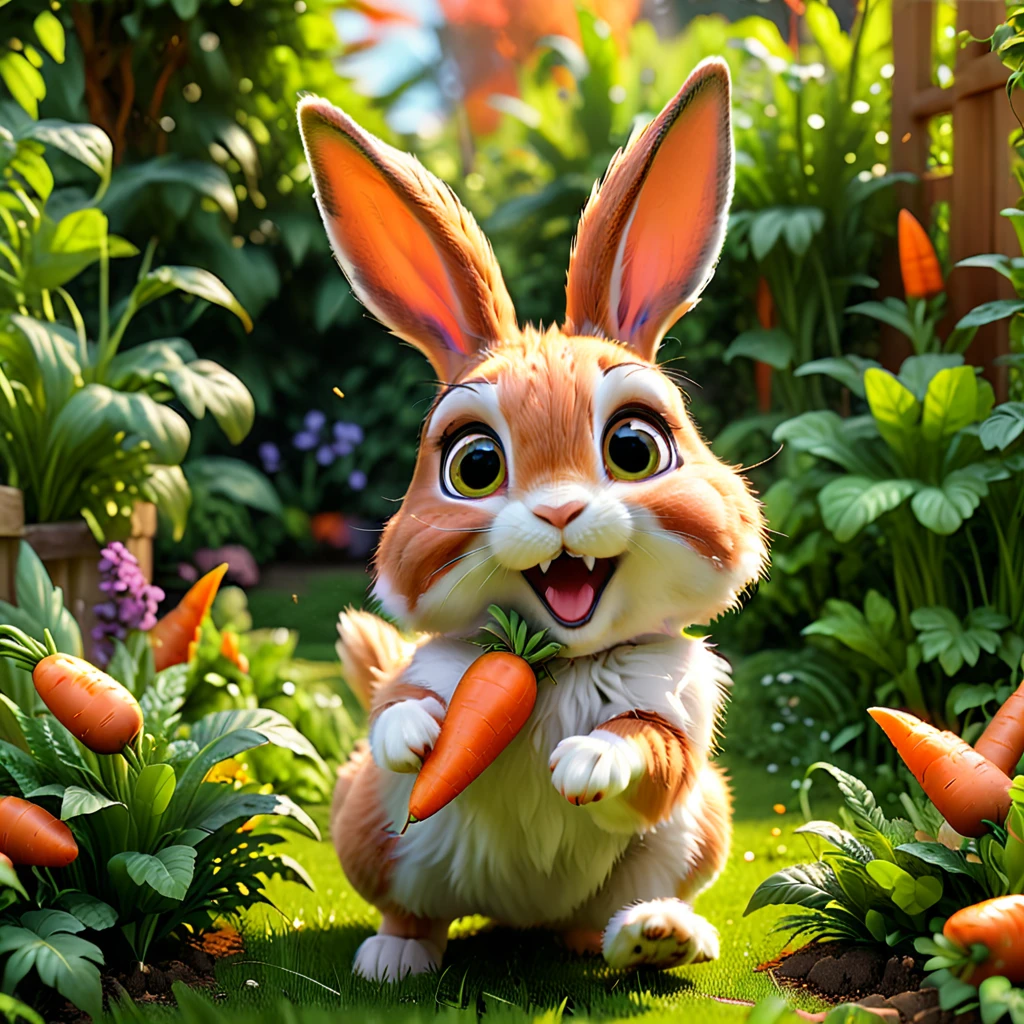 Rabbit
A cute rabbit with long ears and big eyes, hopping joyfully in a vibrant garden. The rabbit is nibbling on a carrot, with an energetic and playful demeanor. The scene is styled like a Pixar animation, showcasing the rabbit’s fluffy fur and joyful nature. --ar 1:1 --v 6.0 --3D render