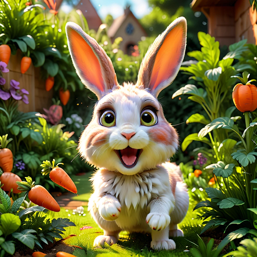 Rabbit
A cute rabbit with long ears and big eyes, hopping joyfully in a vibrant garden. The rabbit is nibbling on a carrot, with an energetic and playful demeanor. The scene is styled like a Pixar animation, showcasing the rabbit’s fluffy fur and joyful nature. --ar 1:1 --v 6.0 --3D render