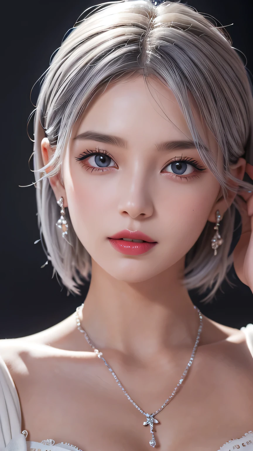 very cool,One person,jewelry,Multicolored Hair,Silver Hair,Gray Hair,alone,necklace,short hair,whole body,Earrings,Red lips,avert your eyes,Exposing shoulders,Look to the side,compensate,lipstick,, Highest quality , masterpiece, figure, Very delicate and beautiful, Very detailed ,CG,Unity,8k wallpaper, wonderful, In detail, masterpiece, Highest quality,Official Art,Very detailed CG Unity 8k wallpaper,Absurd, incredibly Absurd, Large file size , Very detailed, High resolution, Very detailed,Beautiful detailed, Very detailed eyes and face, Beautiful attention to detail,Light on the face,