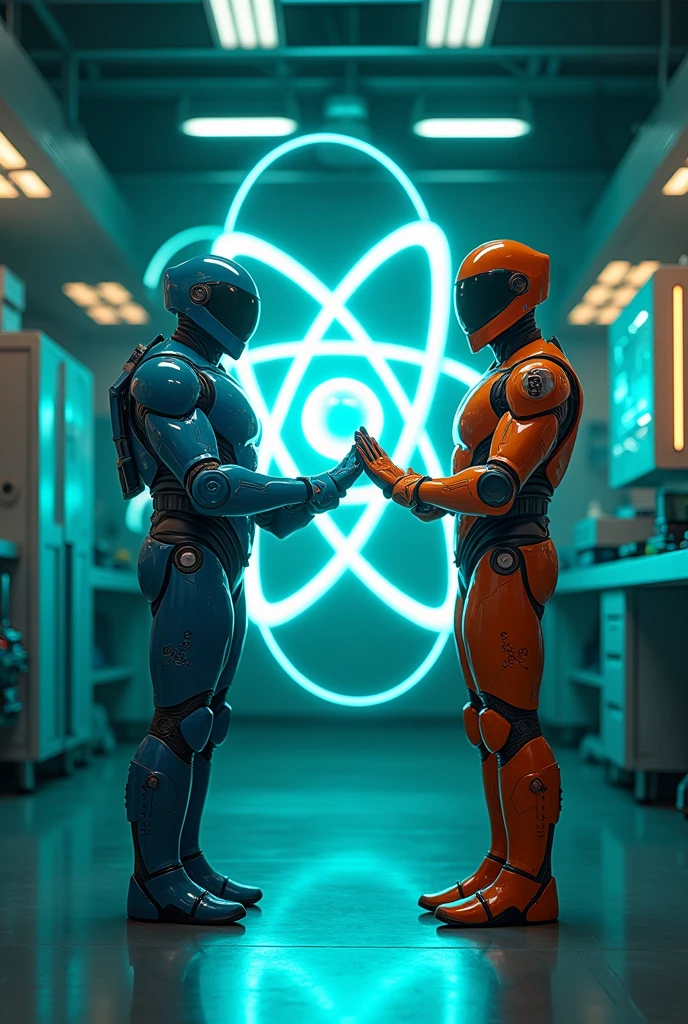 {
  "size": "1024x1024",
  "prompt": "In a high-tech, futuristic laboratory, Neutron is depicted in his sleek, advanced armor as seen in the provided image. He stands with a calm and focused expression, making a balancing gesture with both hands. Next to him is Proton, also dressed in bright, futuristic armor. They are observing a detailed holographic model of a carbon atom that clearly shows 6 protons and 6 neutrons within the nucleus. The holographic display is sharp and vibrant, emphasizing the balance and cooperation between the protons and neutrons. The setting reinforces the theme of atomic structure and stability, with both characters playing their crucial roles in the scene."
}
