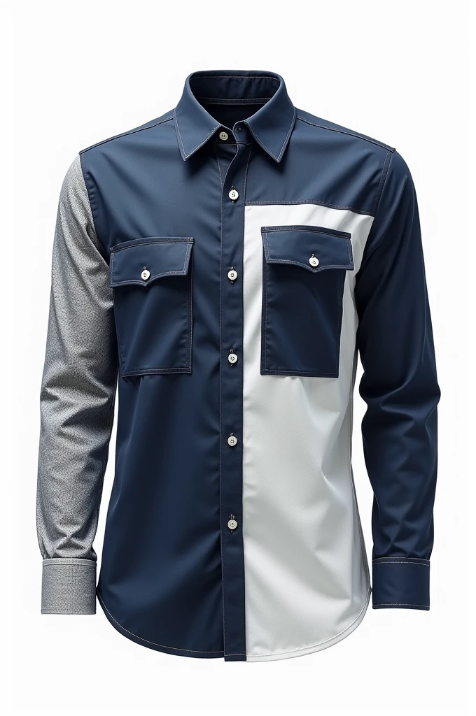Produce a sketch of a long sleeve shirt with front opening and double pocket (front) for men. Render the sketch obtained in Adobe Photoshop using suitable plain and patterned fabrics. The plain and the patterned fabrics must be coordinated in the design to complement the overall look of the garment. The final work should be printed on A4 size (21cm x 29.7cm) cartridge paper.