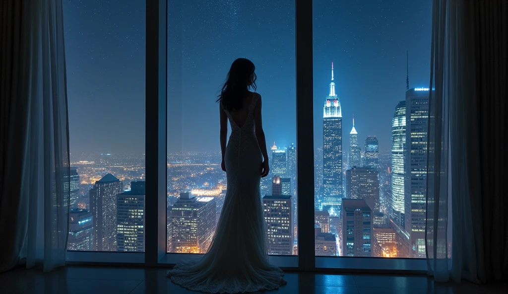 A girl in a long, form-fitting dress in the shadows of the light, view from behind, highest quality of detail, against the backdrop of a night city behind a large window