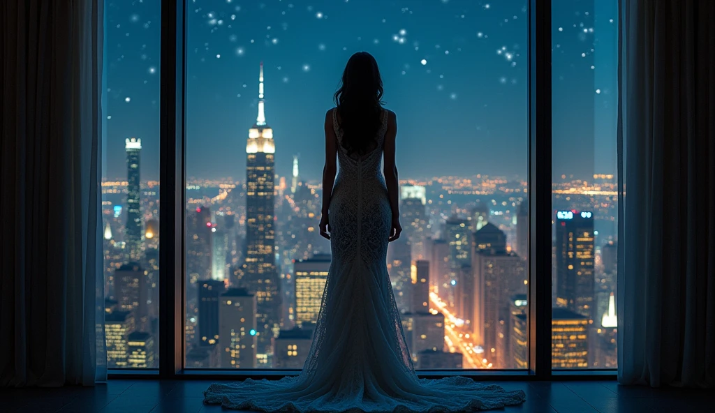 A girl in a long, form-fitting dress in the shadows of the light, view from behind, highest quality of detail, against the backdrop of a night city behind a large window