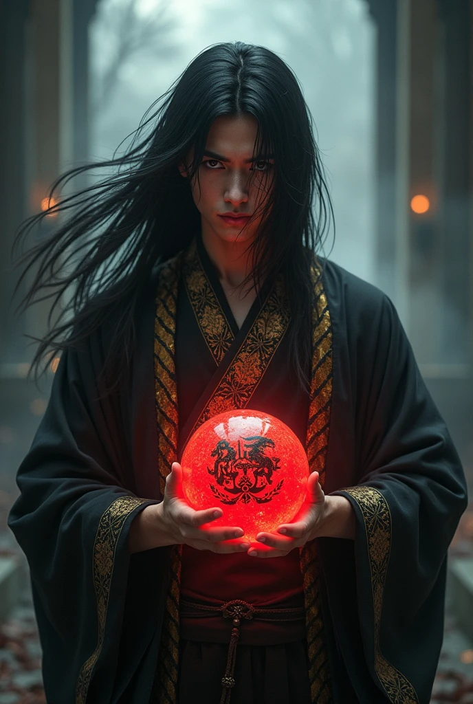 Anime, Male, Black hair, immortal like appearance, dark souls atmospheric, black golden stripped kimono, holding a red ball of energie with a slaughter crest.