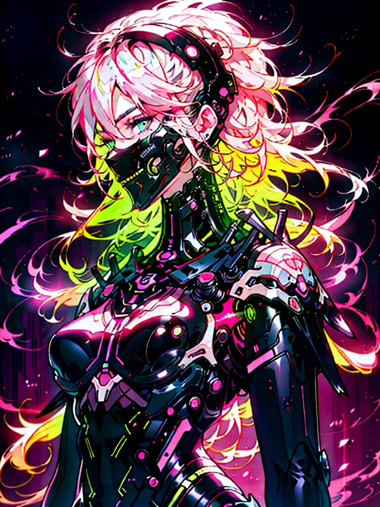 Anime Boy, Neon purple hair, And pink color, wounds, a sticker, Neon style throughout the shot, Cool pose,Neon background