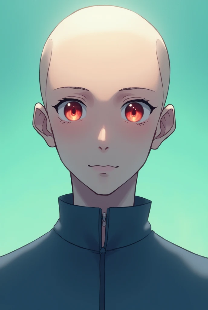 A man with red eyes and no hair on his head A detailed anime-style portrait of a young man standing with no hair on his head and a clear face looking straight ahead with a normal smile The plane in the background is one color