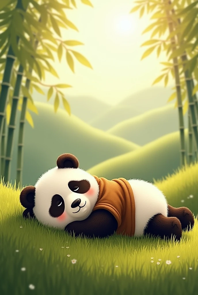 A panda wearing a brown shirt,Lazing around, sleeping on the grass,Background grassland,Sleep hard,Cute realistic style,Chinese style in the background