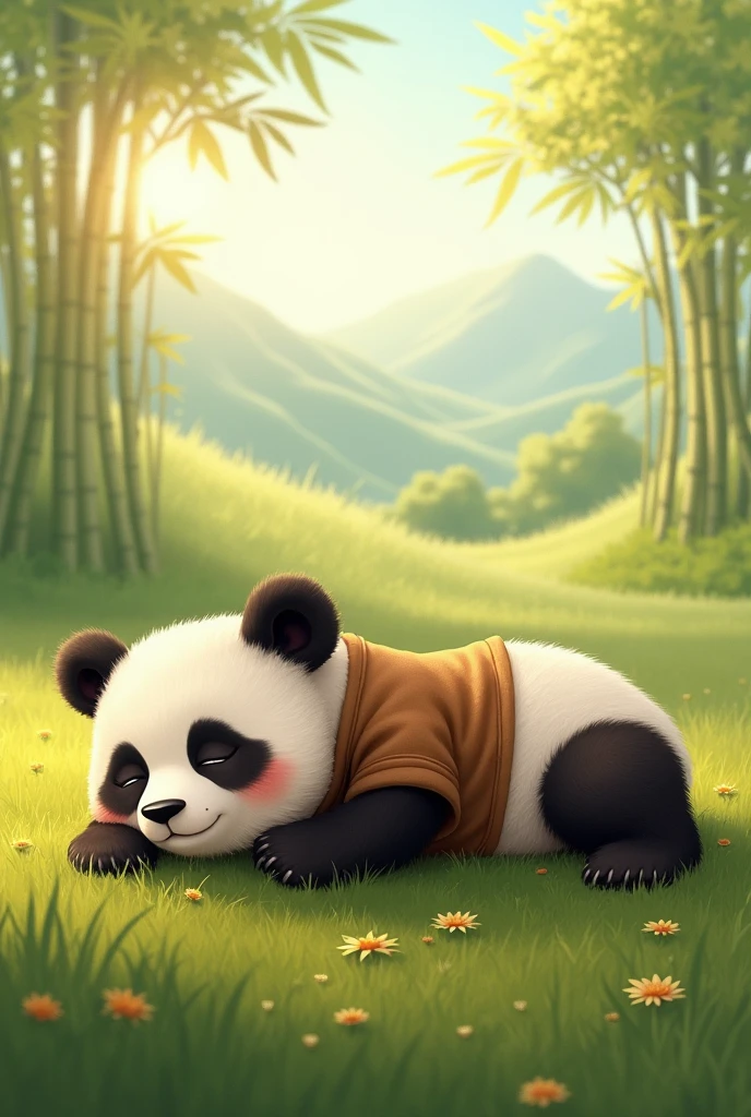 A panda wearing a brown shirt,Lazing around, sleeping on the grass,Background grassland,Sleep hard,Cute realistic style,Chinese style in the background