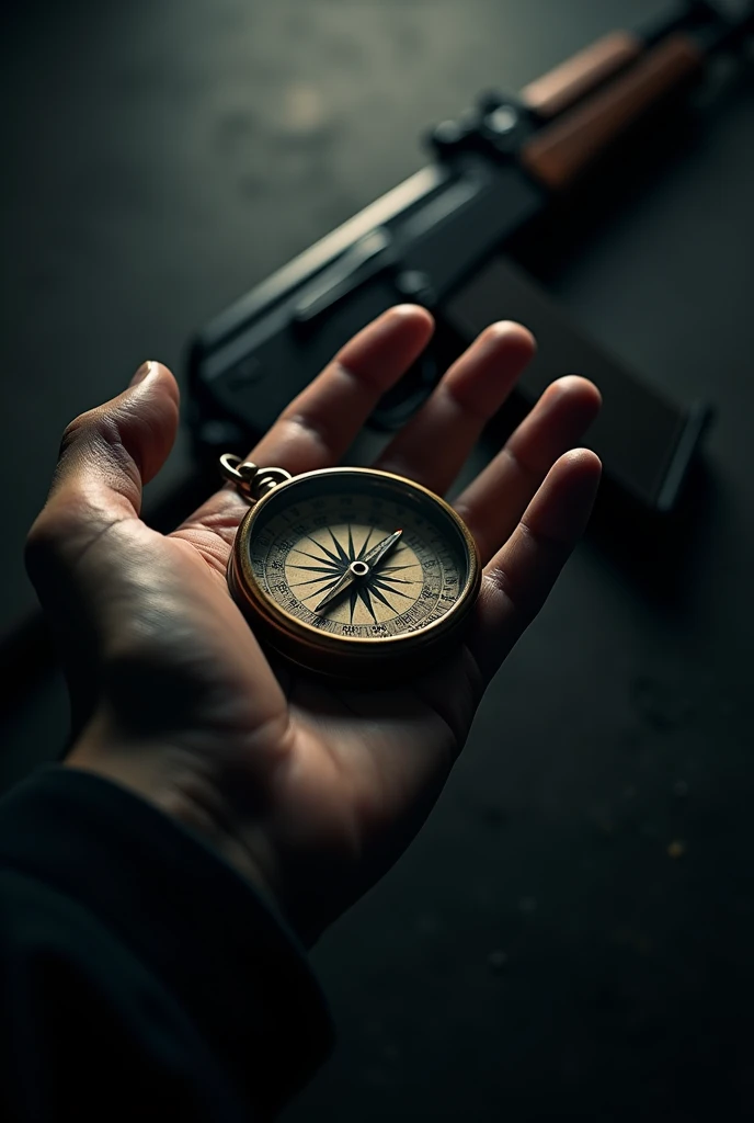 Wallpaper for iphone 14 pro max to include shadow, hand, compass and darkness  and ak 47 8k resolution